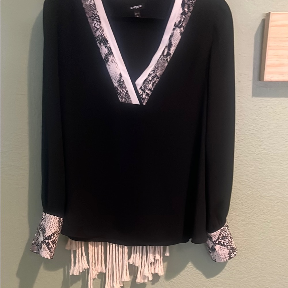 Express Black Ruffled Long Sleeve Blouse with Pink Trim